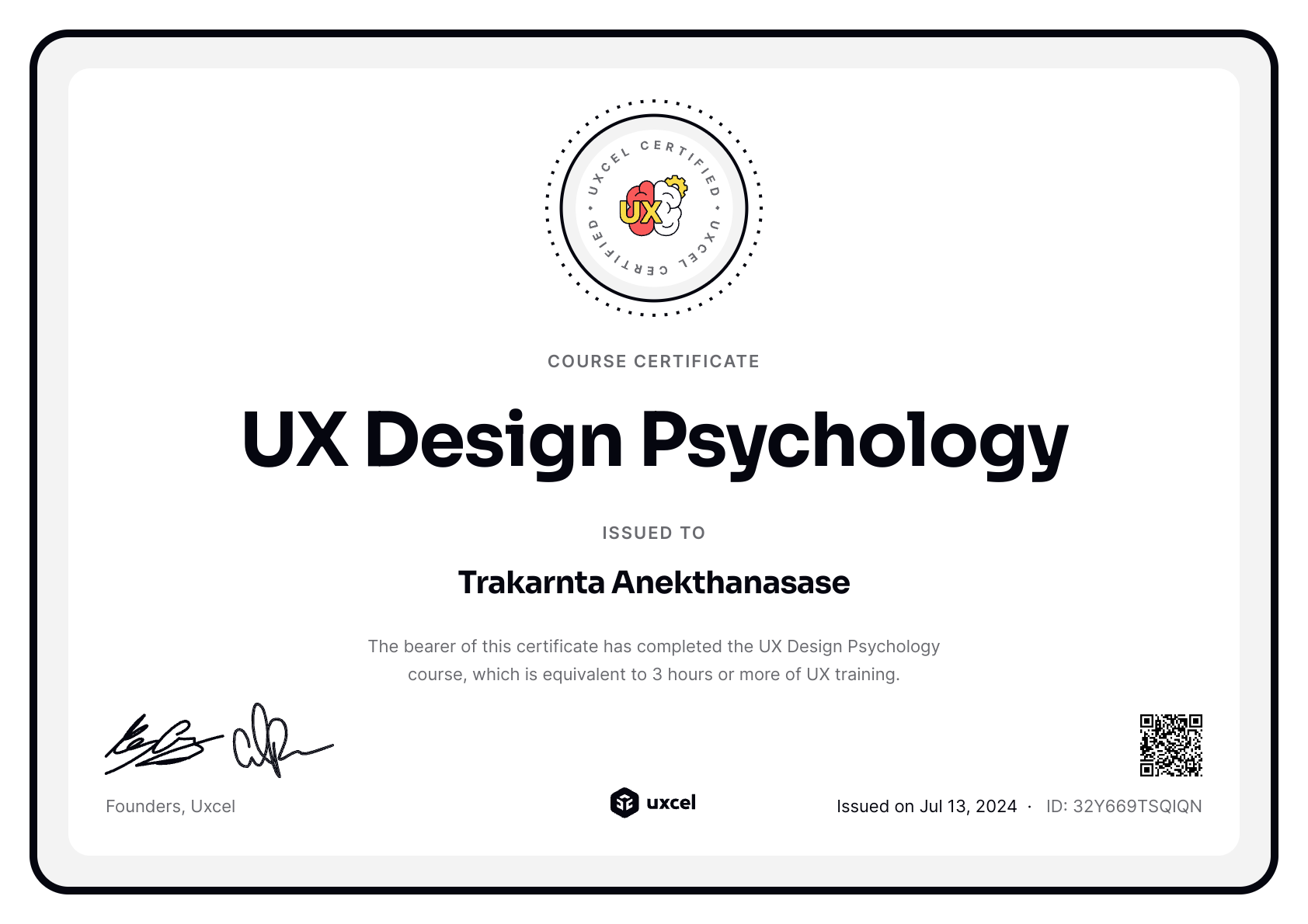 Trakarnta Anekthanasase's certificate